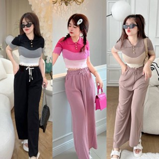 ❤️Set2pcs.❤️เสื้อลายริ้วไล่เฉดสี  ผ้าkniting +เกงขาบายเอายืด ผ้าพริ้วทิ้งตัว มีกระเป๋าข้าง