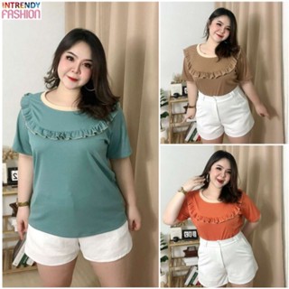 พร้อมส่ง.เสื้อยืดสาวอวบคอกลมแต่งระบายช่วงอกสวยน่ารัก Free size:46 - 52 นิ้ว.เป็นผ้าร่องยืดเนื้อดี.