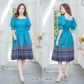 (S-XL) ชุดเดรสลายกราฟฟิก คอเหลี่ยมแขนตุ๊กตา สีฟ้า IFY1037