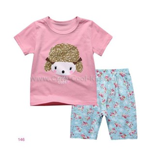 S-PJG-146 ชุดเสื้อ กางเกงสีชมพู ลายแกะ