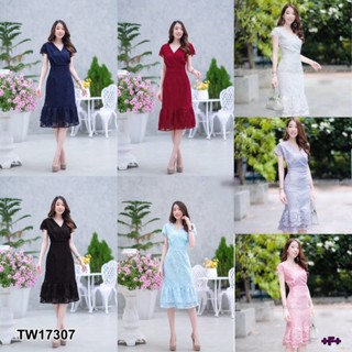 17307 Dress เดรสลูกไม้คลุมไหล่ชายระบาย Lace dress, shawl, ruffled hem