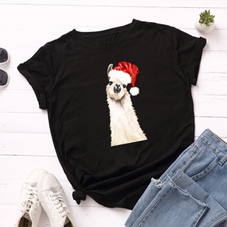 เสื้อยืด Christmas Cotton Female T-shirt Short Sleeve Women T Shirt Alpaca Printing Ladies Tops Harajuku Kpop Tee