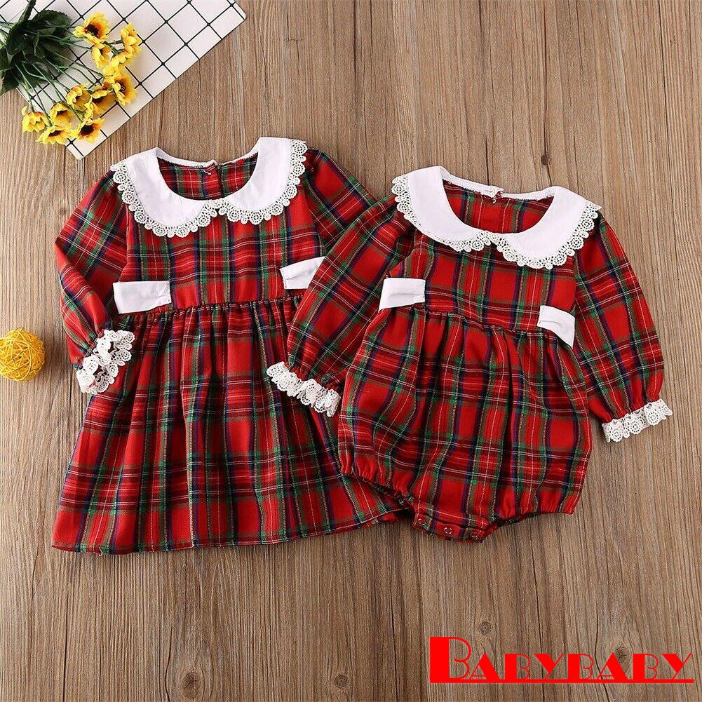 Babybaby-little Big Sister Baby Girl Romper แขนยาวลายสก๊อตสีแดงนัวเนียชุดคริสต์มาส