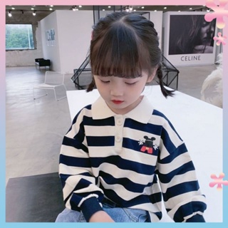 Girls striped top 2021 early autumn new childrens wear long-sleeved off-shoulder sweater childrens Polo collar cartoon Top Fashion