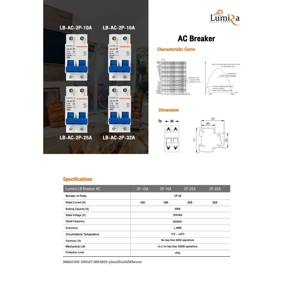เบรกเกอร์ LUMIRA 2P AC รุ่น LB-AC-2P 10a/16a/25a/32a