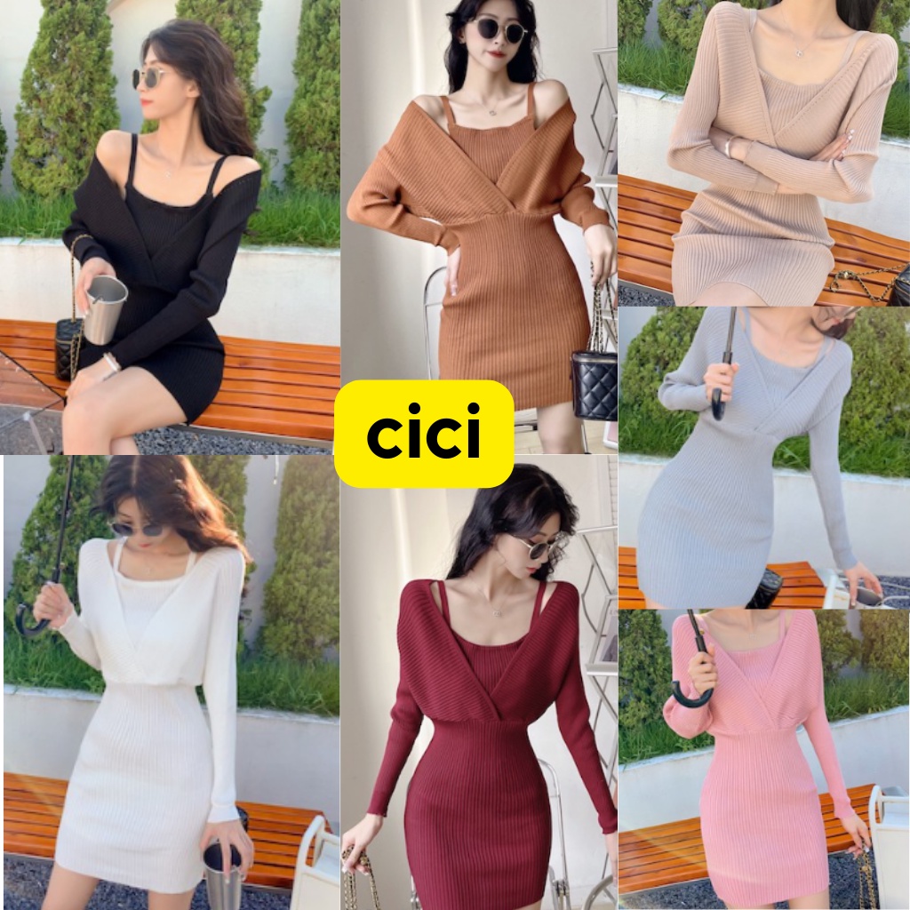 ส่งทันที Cici(NO. 868-2)เดรสไหมพรม ด้านในเป็นสายเดี่ยวเย็บติดกับเสื้อคลุมแขนยาวตัวนอก ด้านหลังมีสายผูกโบว์
