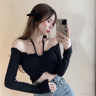 พร้อมส่ง💋เสื้อยืดแขนยาวไหล่เดียวเซ็กซี่ของผู้หญิงใหม่เข้ารูปเข้ารูปสั้นสะดือเอวสูงเชือกรูดด้านบน