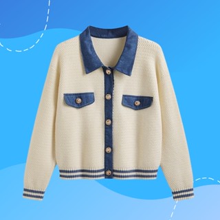 (💥พร้อมส่ง ขาว) 👾 Jeans cardigan เสื้อคาร์ดิแกนไหมพรมแต่งปกยีนส์