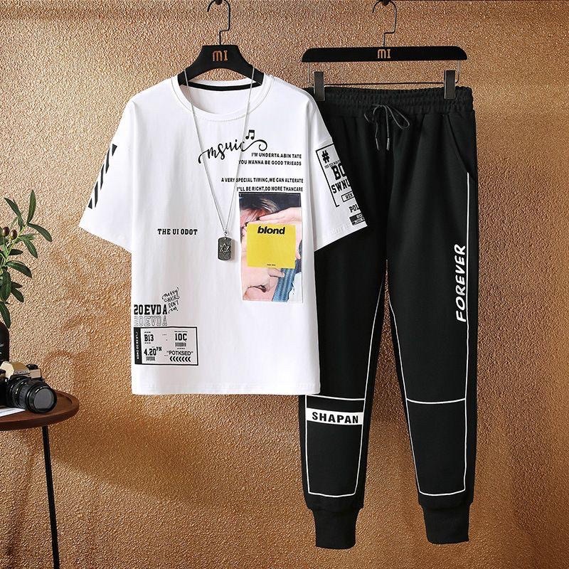 HUOHUO MENS SUIT MENS SUIT SHORT T-SHIRT + กางเกงขายาว JOGGER