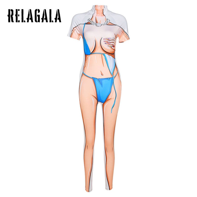 Relagala ชุดจั๊มสูท คอสูง แขนสั้น พิมพ์ลาย ทรงสลิม แฟชั่นสําหรับผู้หญิง