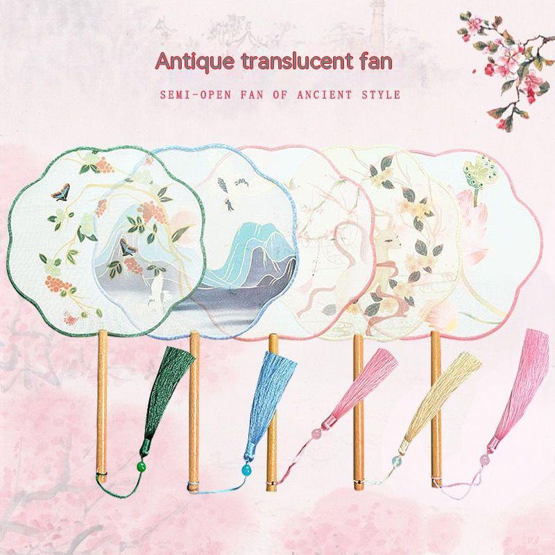พร้อมส่ง พัด ด้ามจับยาว สีโปร่งแสง สไตล์จีนโบราณ แฟชั่นฮั่นฝู สําหรับเต้นรํา