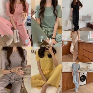 cici(NO.0008)ชุดเซ็ตเสื้อคอกลม+กางเกงขายาว แฟชั่นสีพื้น ผ้าร่องใส่สบาย ดีเทลมีเชือกผูกหน้า