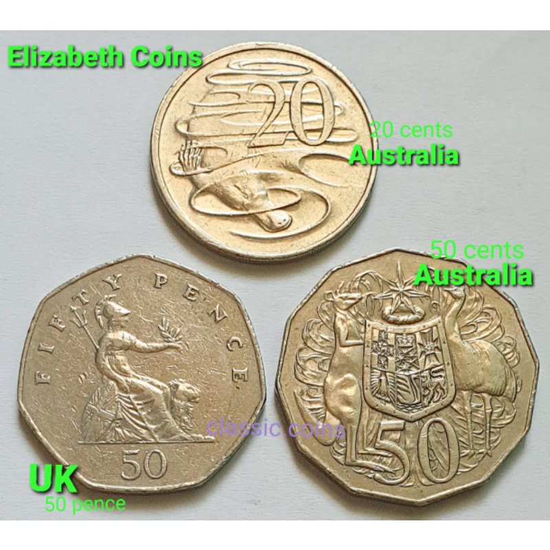 เหรียญ 50 Pence UK, 20~50 cents Australia *(ชุด 3 เหรียญ)* ค.ศ.1982,1978,2002
