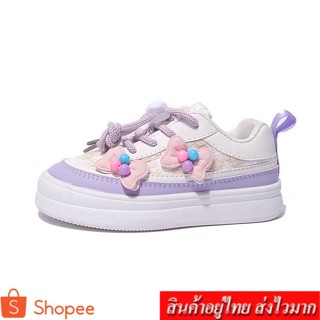 LOVE BABY61 รองเท้าผ้าใบเด็กผู้หญิง แบบผูกเชือก สีสันสดใส แต่งโบว์ลูกปัด รุ่น BBW736