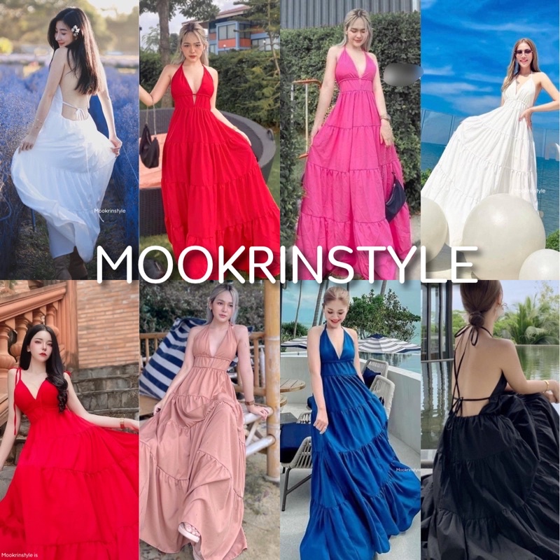 mookrinstyle เดรสยาวสายผูกคอ กระโปรงบานพริ้ว ใส่ไปทะเล