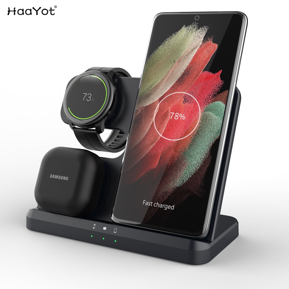 สถานีชาร์จไร้สายสําหรับ Samsung 3 in 1 Charger สําหรับ Galaxy Watch 5 Pro/4/3/Active 2/1 S22 Ultra Note20 10 Z พลิกพับ 4 Galaxy Buds