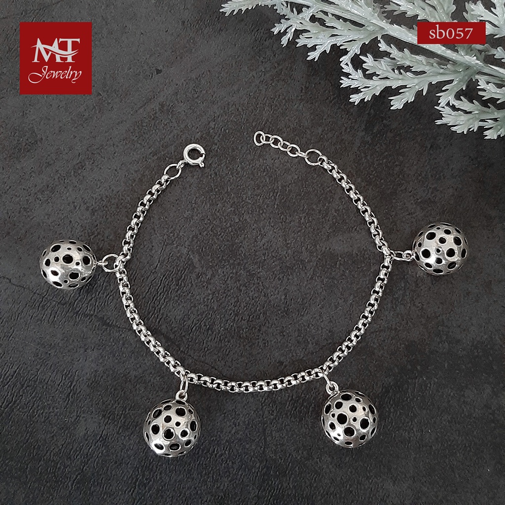 MT สร้อยข้อมือเงินแท้ ลายผ่าหวาย ตุ้งติ้ง บอลฉลุ งานรมดำ ข้อมือ 16 17 18 ซม Silver Bracelet (sb057) MT Jewelry มณีธารา