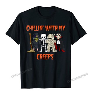 Chillin With My Creeps Vampire Halloween Skeleton Witch T-Shirt Camisas Men Tshirts Tops &amp; Tees Slim Fit Cotton Family M