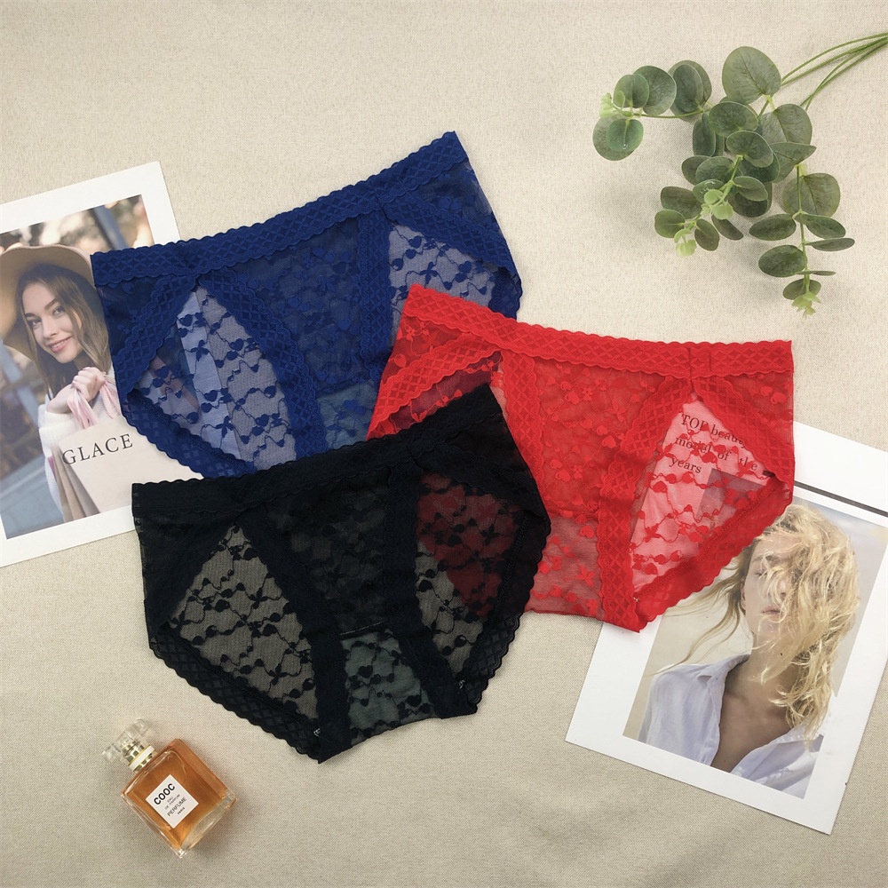 สินค้าพร้อมส่งจากไทย Angle Bra (N691) กางเกงในผ้าซีทรู ลายโบว์หัวใจ แต่งขอบลูกไม้ เป้ารังผึ้งต้านแบคทีเรีย
