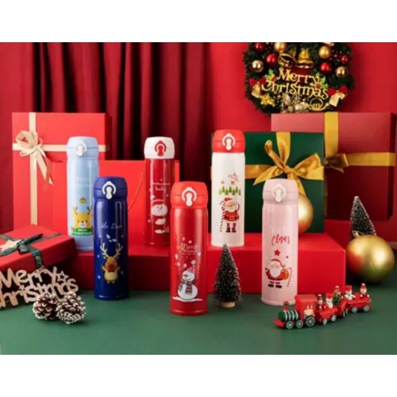 พร้อมส่ง ขวดน้ำคริสมาสต์ เก็บความเย็นและความร้อนได้ ด้านในเป็นสแตนเลส 304 ขนาด 450 ML ขวดน้ำ ของขวัญ#Meritkids