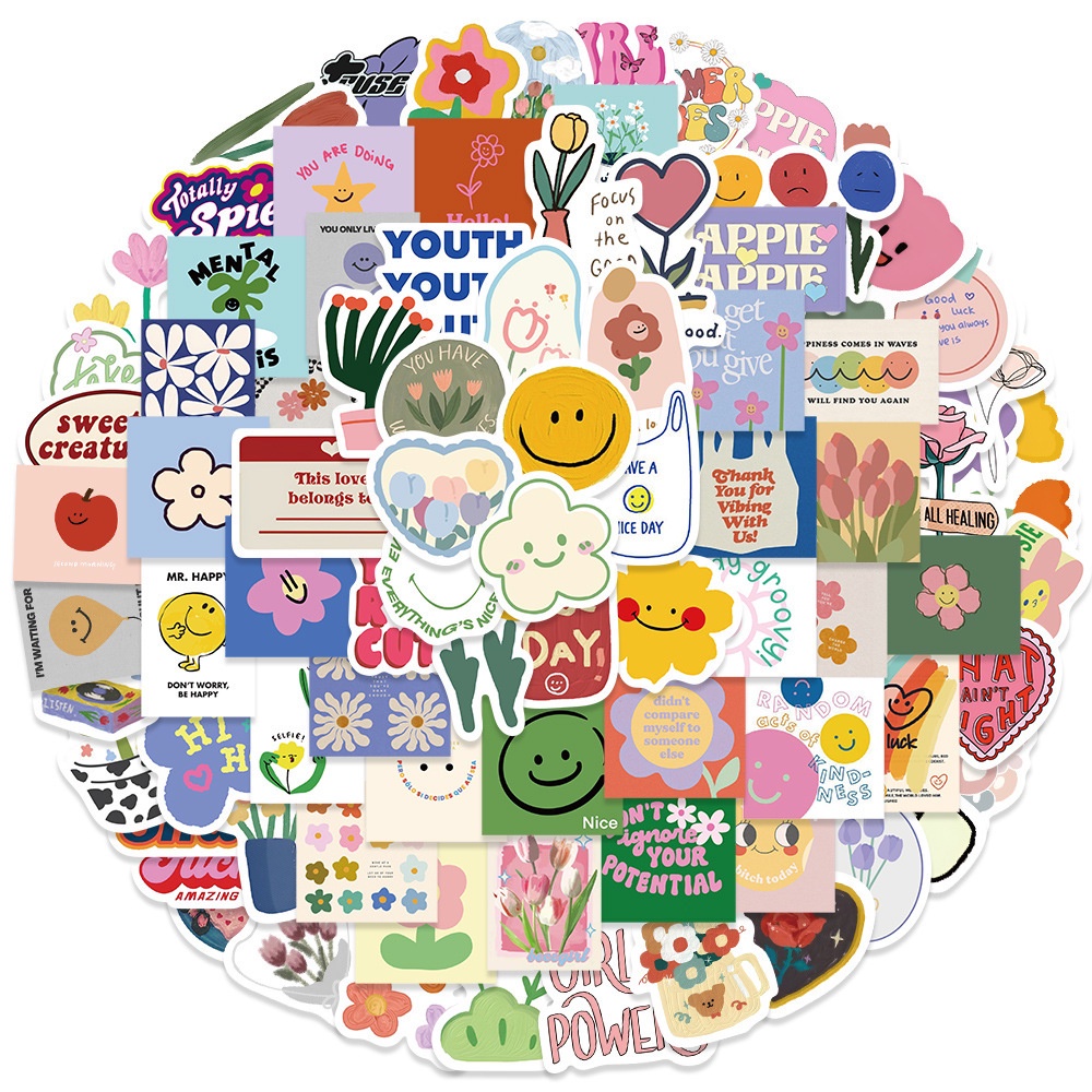 สติกเกอร์ PVC ลายดอกไม้และหน้ายิ้ม กันน้ํา สําหรับตกแต่งสมุดภาพ 90 ชิ้น