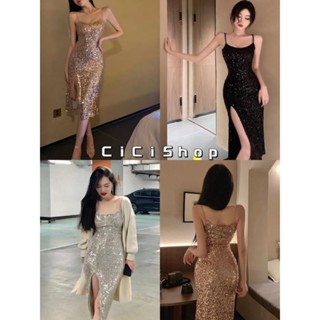 Cicishop(3056)ชุดเดรส สายเดี่ยว แต่งเพรชวิ้งวับ แหวกข้าง มีซับใน สวย แพงใส่ออกงานปังมาก