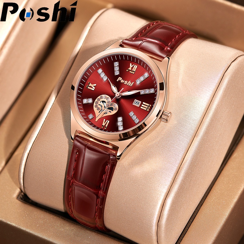 Poshi tangan Jam perempuan cantik นาฬิกากันน้ําแฟชั่น Retro หนังนาฬิกาผู้หญิง 2022 ใหม่ Hollow out ออกแบบสุภาพสตรีนาฬิกาข้อมือควอตซ์พร้อมกล่อง