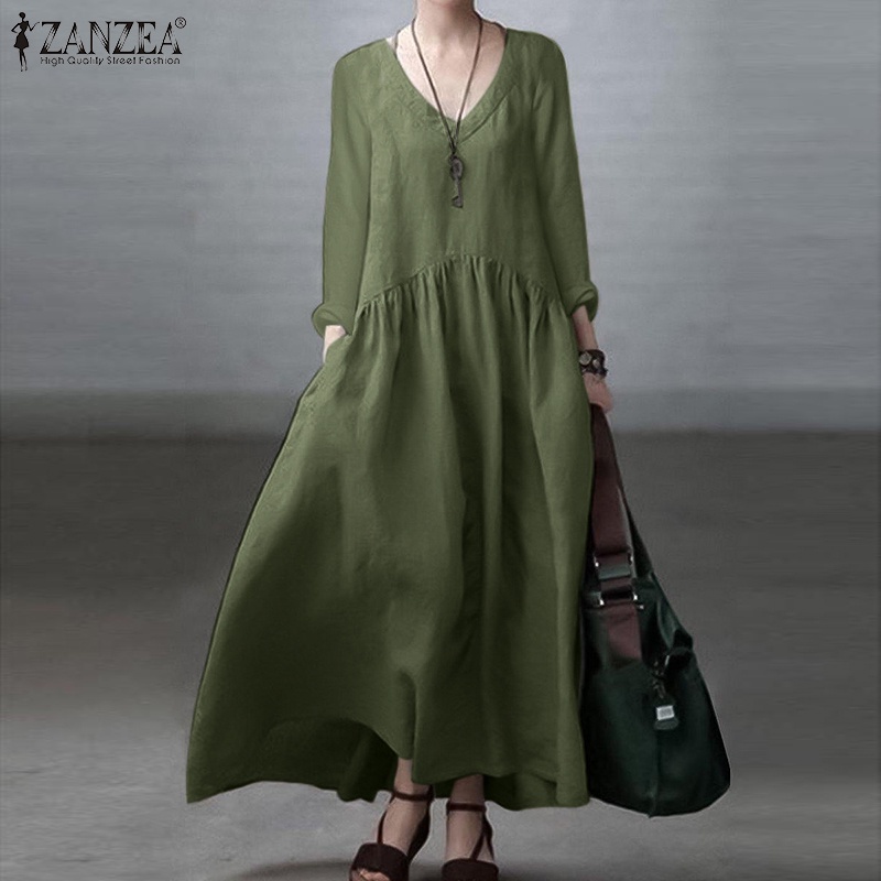 Zanzea ชุดเดรสยาว แขนยาว คอวี มีกระเป๋าด้านข้าง สีพื้น แฟชั่นเกาหลี สําหรับผู้หญิง — صورة 3