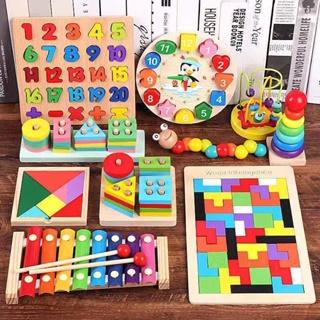 ของเล่นไม้ บล็อกไม้ลูกบาศก์ ของเล่นเด็ก ของเล่นไม้สวมหลัก เป็นรูปทรงเรขาคณิต เสริมพัฒนาการเด็ก