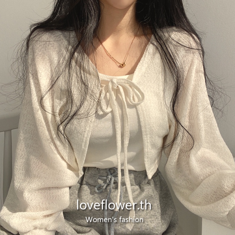 love flower เสื้อแจ็กเก็ตคาร์ดิแกน แขนสั้น แบบบาง เข้ากับทุกการแต่งกาย สไตล์เกาหลีเรโทร สําหรับผู้หญิง