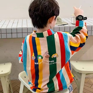 Onekid🌼เสื้อเชิ้ตผ้าฝ้ายเด็กญี่ปุ่นฤดูใบไม้ผลิและฤดูร้อนใหม่เสื้อแขนยาวลายสายรุ้งเด็กพิมพ์เวอร์ชั่นเกาหลีผัดถนนสปริง