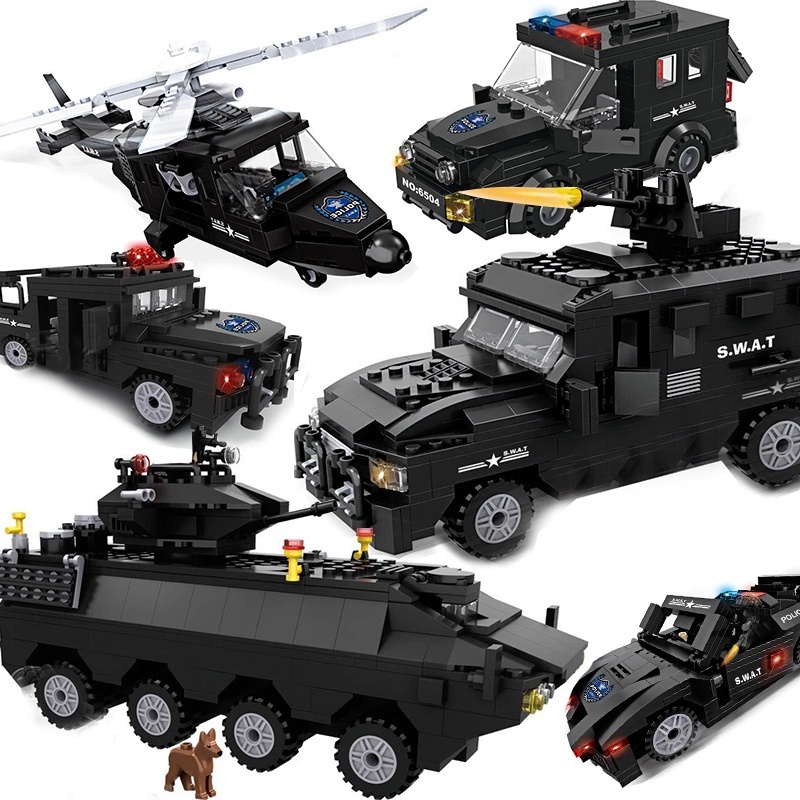 LEGO เมืองตำรวจกองกำลังพิเศษทหาร Building Blocks SWAT ทีมรถบรรทุกเฮลิคอปเตอร์รถหุ้มเกราะเรืออาวุธของเล่นก่อสร้าง