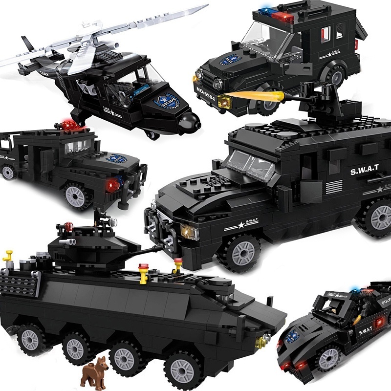 LEGO เมืองตำรวจกองกำลังพิเศษทหาร Building Blocks SWAT ทีมรถบรรทุกเฮลิคอปเตอร์รถหุ้มเกราะเรืออาวุธของ