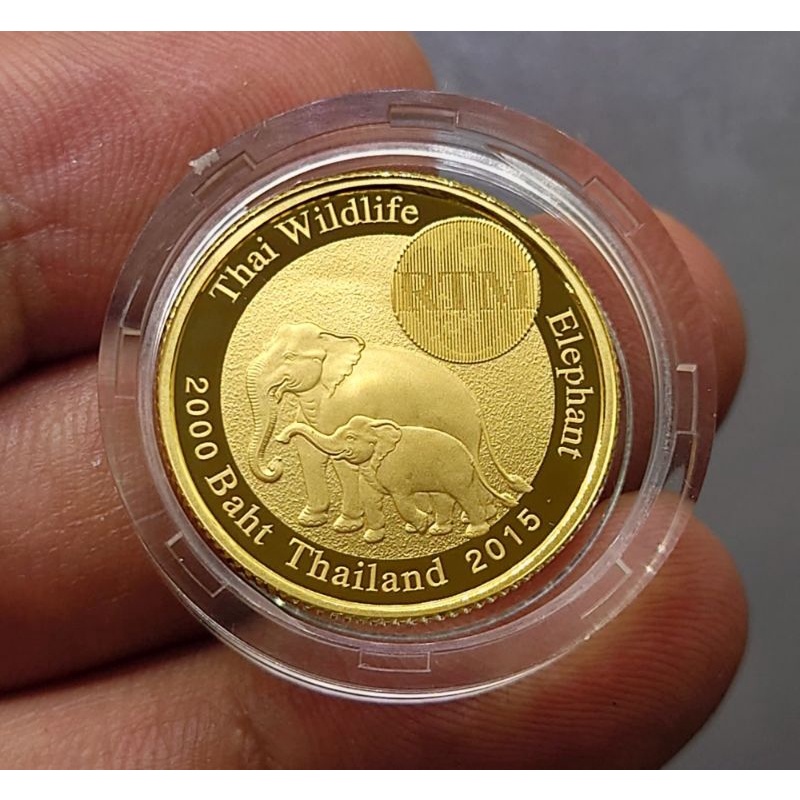 เหรียญทองคำขัดเงา (ทอง 99.9%) เหรียญ 2000 บาท ที่ระลึก ช้างไทย (ช้างแม่ลูก) พระรูป ร9 พร้อมกล่องเดิม เหรียญหายาก ปี 2558