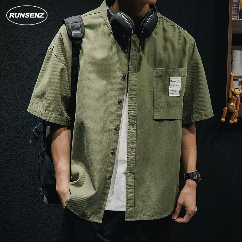 เสื้อเชิ้ตคาร์โก้ แขนสั้น ทรงหลวม ขนาดใหญ่ สไตล์เกาหลี สําหรับผู้ชาย