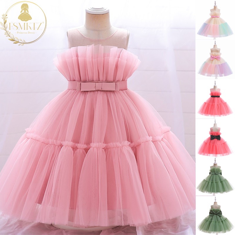 FSMKTZ สาวชุดโบว์สีชมพูฤดูร้อนชุดเด็กวัยหัดเดินเครื่องแต่งกาย 0-10Y เด็ก Ball Gown L5355