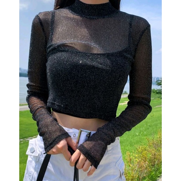 พร้อมส่ง! เสื้อครอปซีทรูกลิตเตอร์ คอเต่า แขนยาว Crop Top See through glitter
