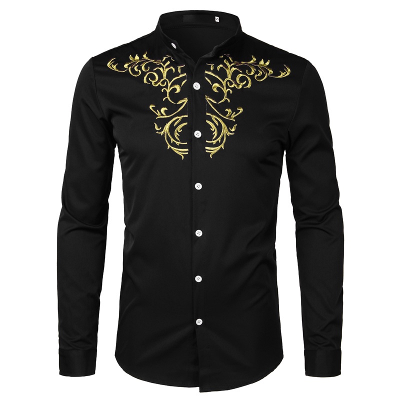 Gold Flower Embroidery Shirt Men Long Sleeve Chemise Homme New Solid Color White Dress Shirts Mens Slim Fit Wedding Cami #1