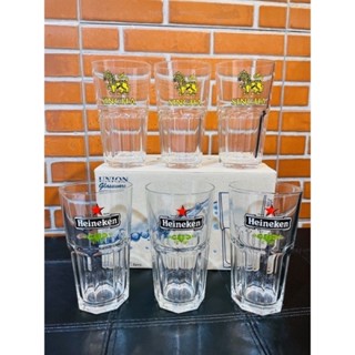 🍺(กล่อง6ใบ) แก้วเบียร์ใส ใส่น้ำดื่ม มีลาย สิงห์  ไฮเนเก้น UNION UG-390