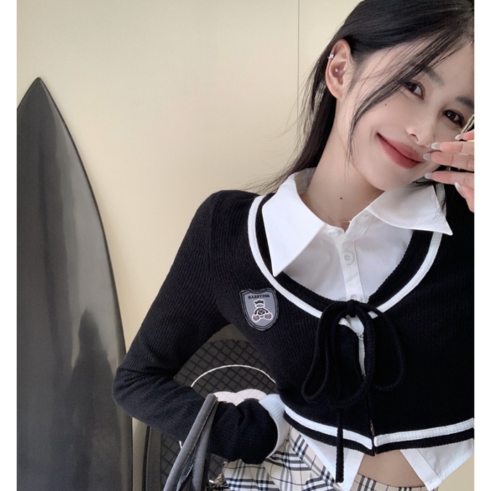 เสื้อคาร์ดิแกน คอกลม แต่งลูกไม้ สีคอนทราสต์ สไตล์เกาหลี สําหรับผู้หญิง