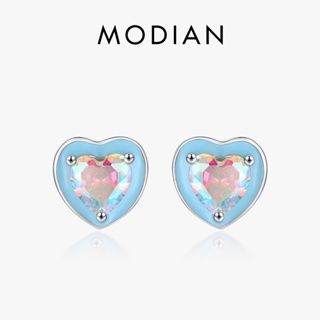 Modian ต่างหูสตั๊ด เงินสเตอร์ลิง 925 ประดับเพทาย สีรุ้ง สีฟ้า รูปหัวใจ สไตล์โรแมนติก สําหรับผู้หญิง งานแต่งงาน