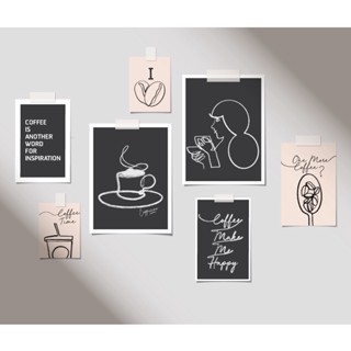 set 7 รูป **แถมสติกเกอร์วงกลมฟรี ** โปสการ์ดติดผนัง Postcard Coffee Continuous Line Art การ์ด รูปติดผนัง รูปแต่งห้อง