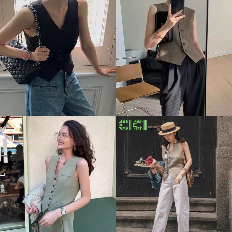 ส่งทันที Cici(NO. 2247)TankTop🪄 เสื้อเบลเซอร์แขนกุดคอวี ดีเทลกระดุมผ่ากลางสไตล์วินเทจเกาหลี