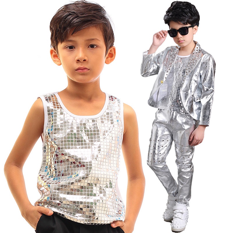 Boy Jazz Performance Costume Singer Children Hip Hop Dancing Clothes Sequin Vest Black T-Shirt Boys Tops Dance Wear DNV1 #1