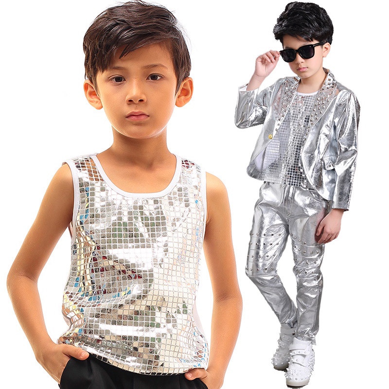 Boy Jazz Performance Costume Singer Children Hip Hop Dancing Clothes Sequin Vest Black T-Shirt Boys Tops Dance Wear DNV1 #8