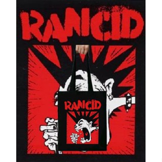 Rancid กระเป๋าโท้ท ผ้าแคนวาส ผ้าฝ้าย มีซิป ลายวงร็อคเมทัล สีดํา สําหรับผู้ชาย และผู้หญิง