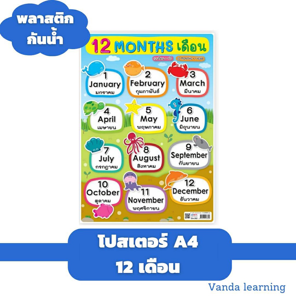 โปสเตอร์คำศัพท์ 12 เดือน ขนาด A4 โปสเตอร์ความรู้ EA-362 โปสเตอร์ 12 เดือน Vanda learning