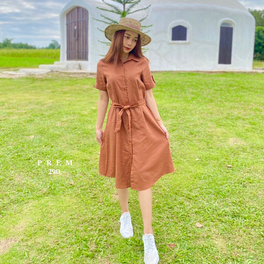 ·˚เดรสยาว ลุคเรียบร้อยในวันสบายๆ แต่งแขนพับ มีเชือกผูกแถมให้ ผูกโบว์ได้หลายแบบ