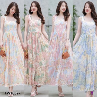 J16827 แม็กซี่เดรส แขนกุด แต่งระบาย ลายดอก Maxi dress, sleeveless, decorated with ruffles, floral print