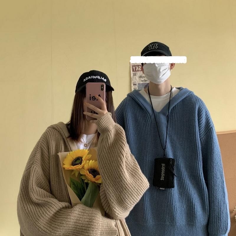 เสื้อกันหนาว มีฮู้ด สไตล์เกาหลี เสื้อไหมพรมแขนยาวผู้ชาย เสื้อกันหนาวคอวี ผ้าสำลี ผ้าหนาดีใส่สบาย ทรงหลวม/ขนาดใหญ่M-2XL